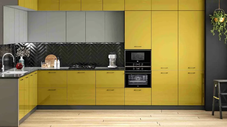 yellow L-shape layout with appliances, cabinets and cupboards