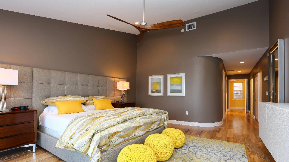 Three colour combination for bedroom wall, yellow, brown and white shades