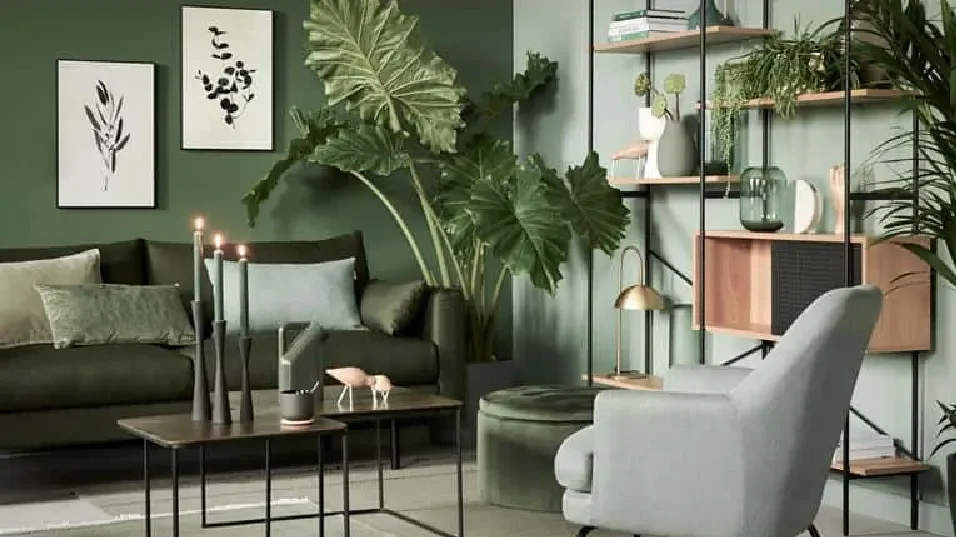 A green hall with sofa plant and table