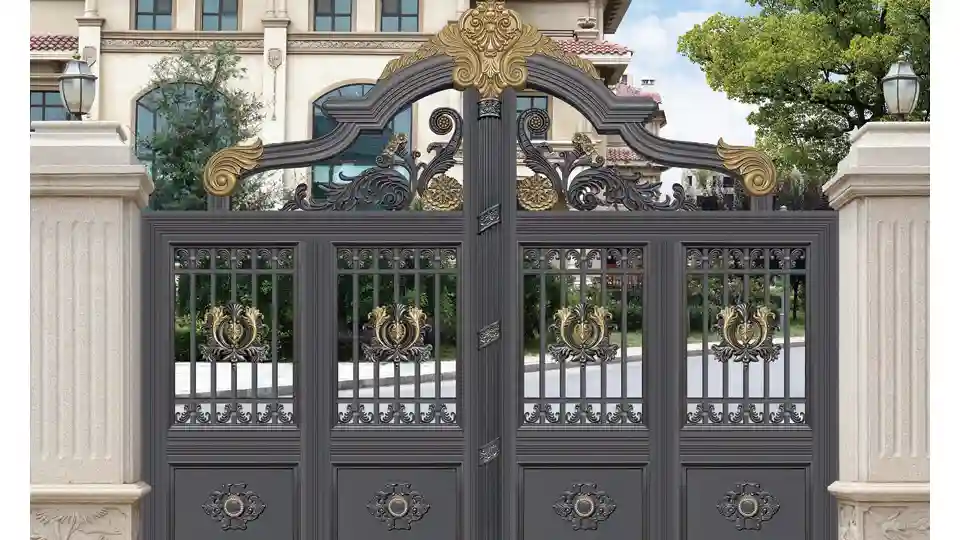 Grey and golden iron/steel modern main gate with grill