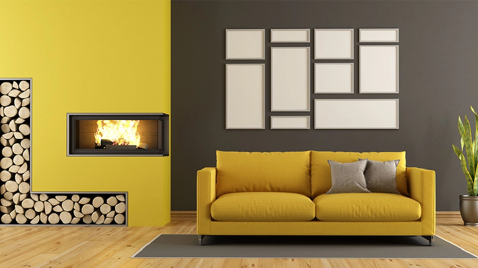 Three colour combination for bedroom wall, grey, mustard and white shades