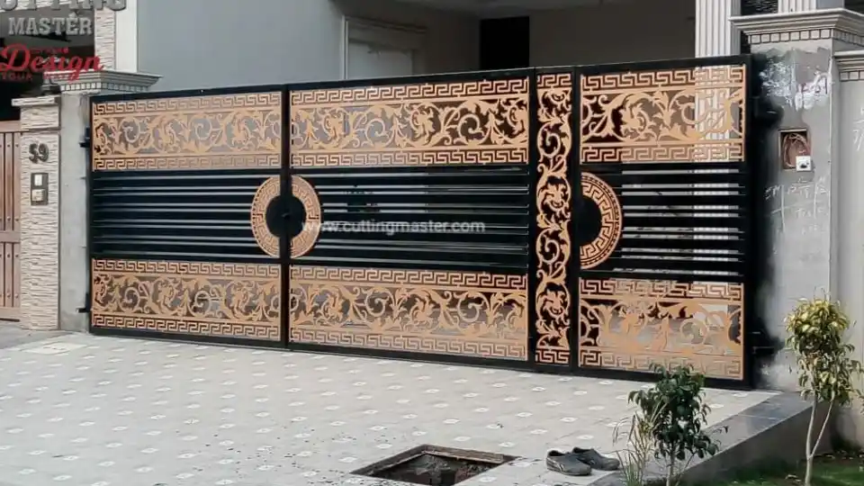 Laser cut iron/steel modern main gate in black and gold 