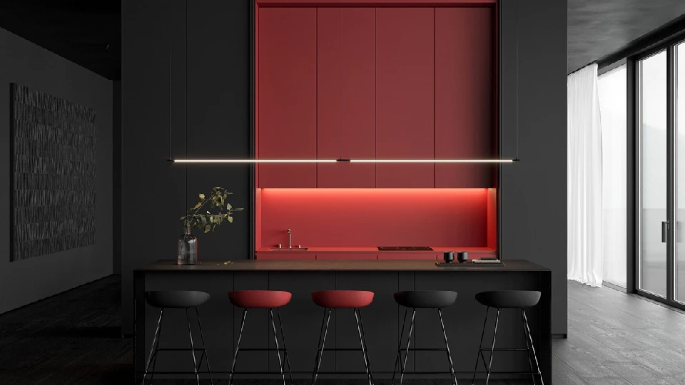 red and black wall paint for kitchen space 