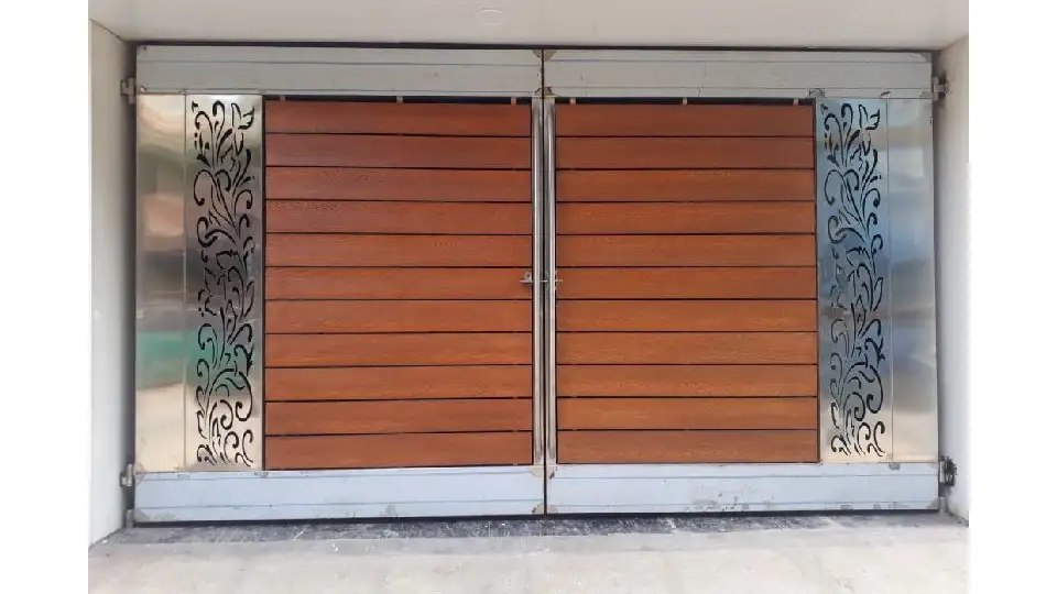 wood and stainless steel main gate