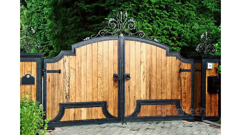 Wooden wrought iron ornate gate