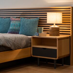 bedroom furniture- bed, nightstand, and flooring in canadian wood species by channel partner MAS furniture