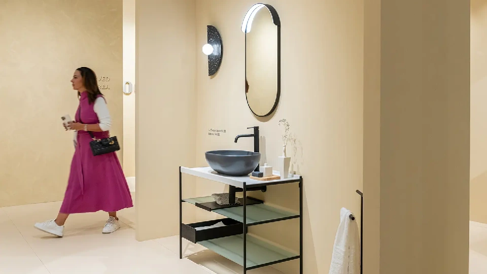 beige bathroom with mirror and washbasin
