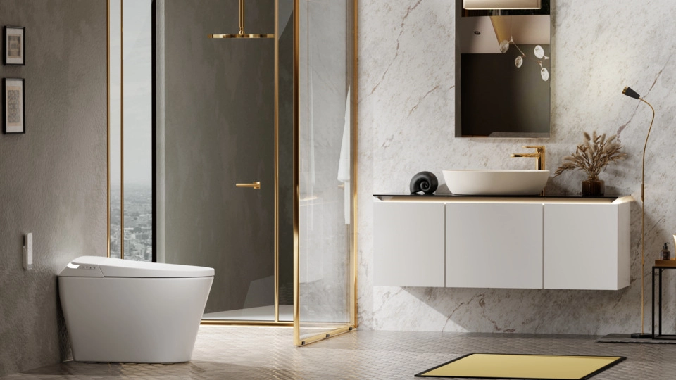 white toilet in a bathroom with shower and washbasin