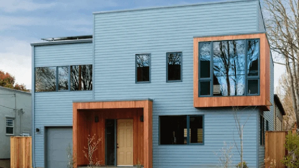 blue house, wood work, glass windows, painted from top paint brands in india