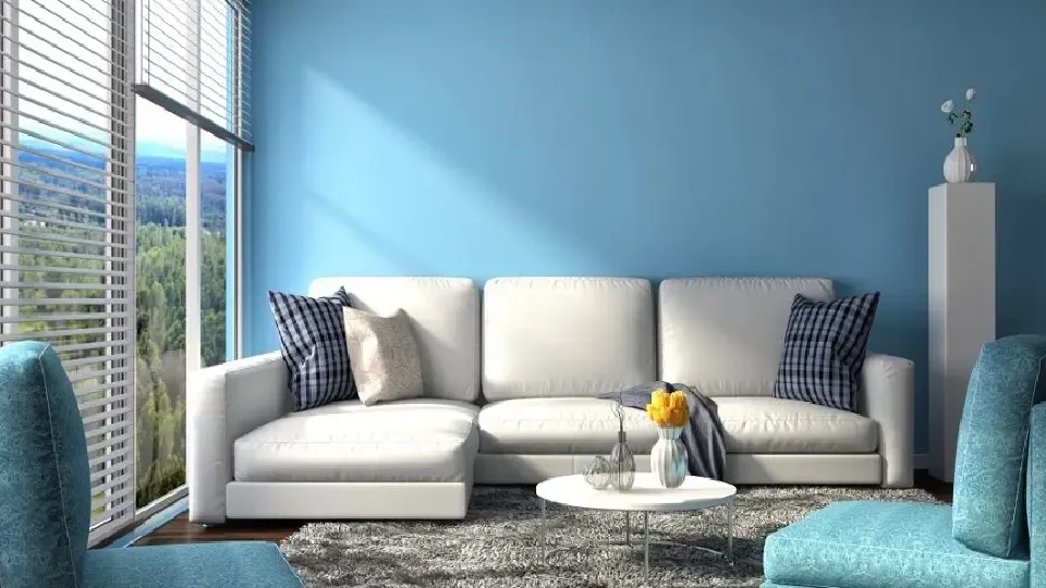 sky blue painted walls, white coloured sofa with a beautiful view outside