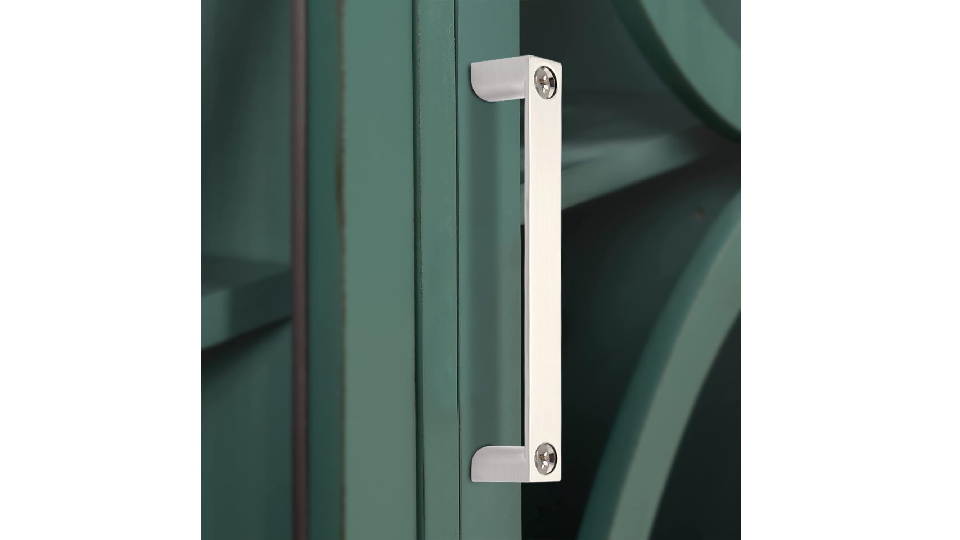 silver-coloured metal cabinet handle, green cabinet