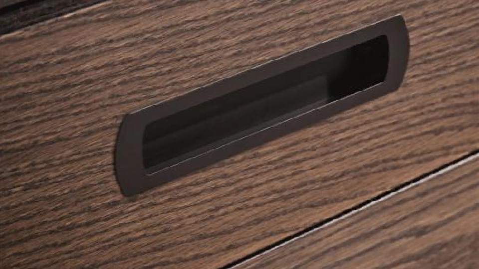 Wooden-textured laminated drawer, Matt black recessed cabinet pull