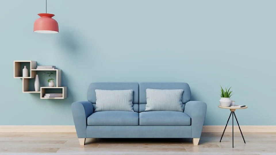 light blue paint walls, blue sofa, wall furniture