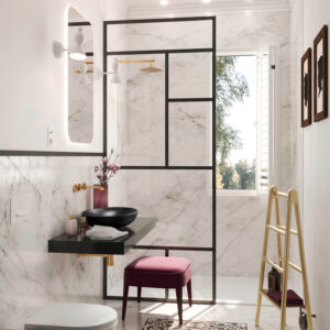 luxury modern bathroom, minimalist bathroom design with gold and colourful accents and matt black sanitaryware