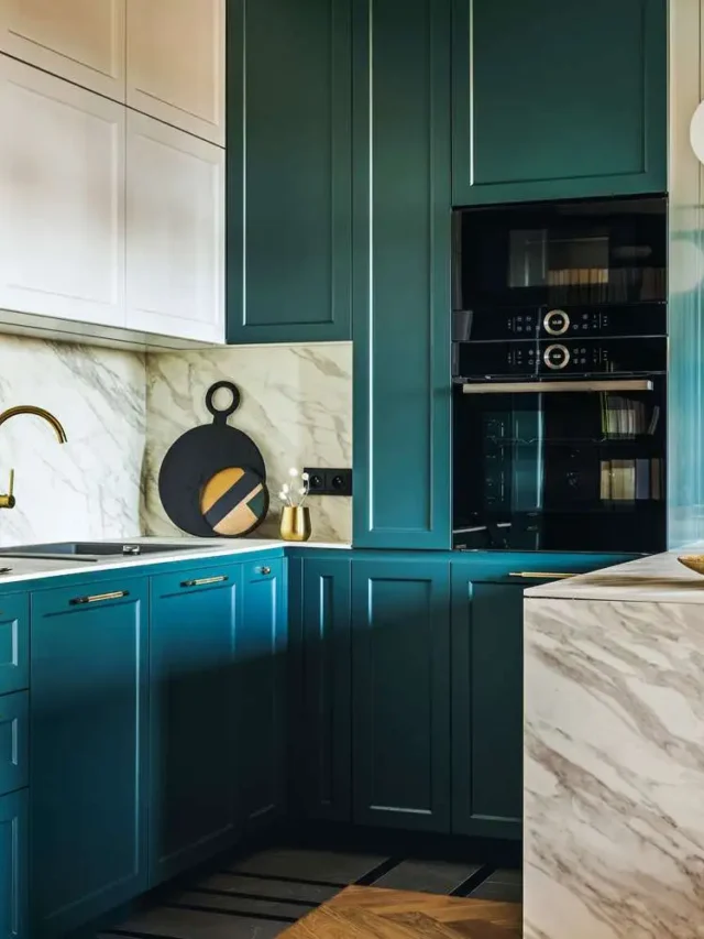 Kitchen cabinets, blue coloured cabinets, utensils