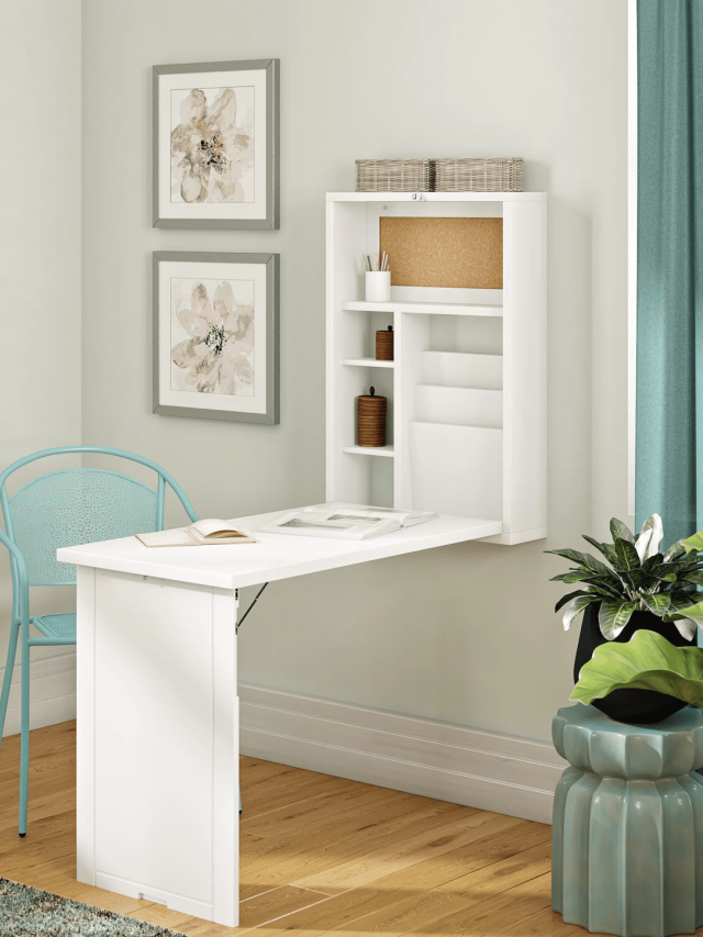 multifunctional storage furniture for small spaces, white wall-mount desk and shelf system that folds into the wall