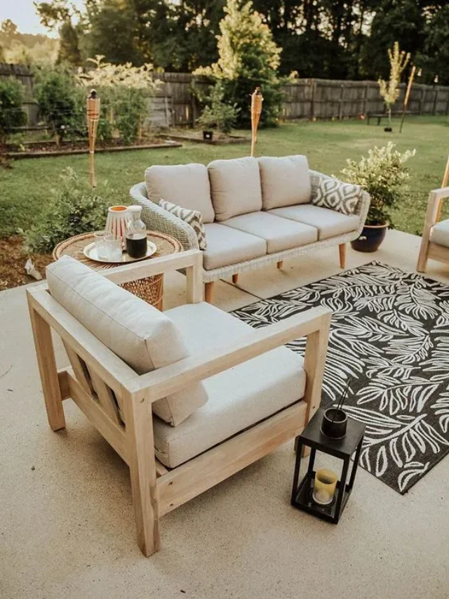 Patio furniture, outdoor wooden sofa set, garden setting, carpet, lamp