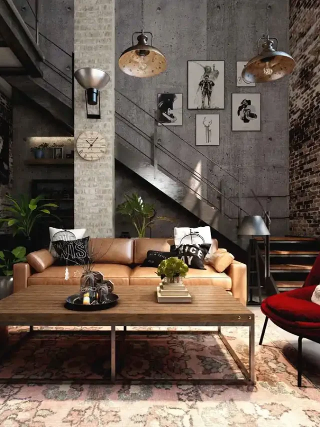 living room, modern sofa, wooden table, black coloured staircase, decorative elements on the wall