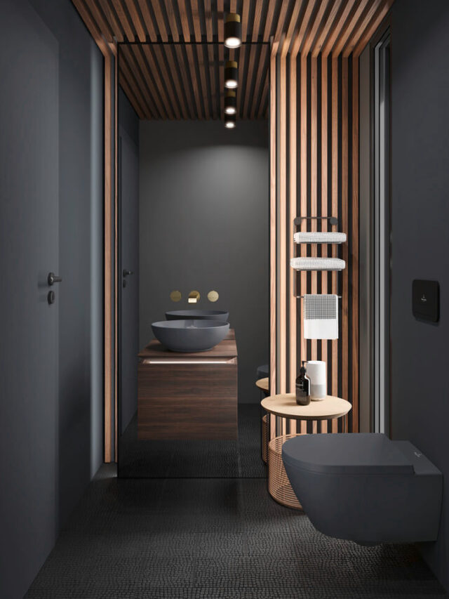 luxury bathroom, black theme bathroom with matt black sanitaryware and wood wall & ceiling panelling, warm hanging lights