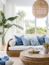 white sofa, blue printed cushions, rattan furniture, flower vase