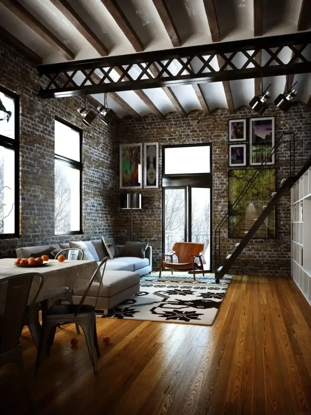 industrial loft design, living room, wooden flooring, frames on wall