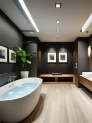 luxury-bathroom-with white bath-tub, decorative elements, green plant, portrait on walls