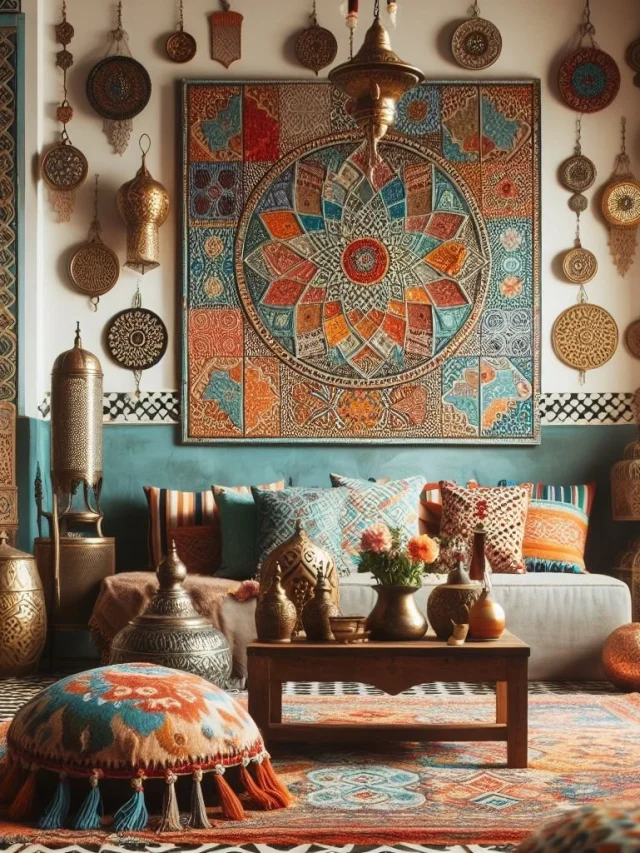 moroccan paintings,carpet and ottoman in a living room