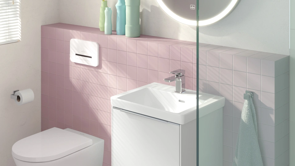 soft pink luxury guest bathoom with twistflush WC