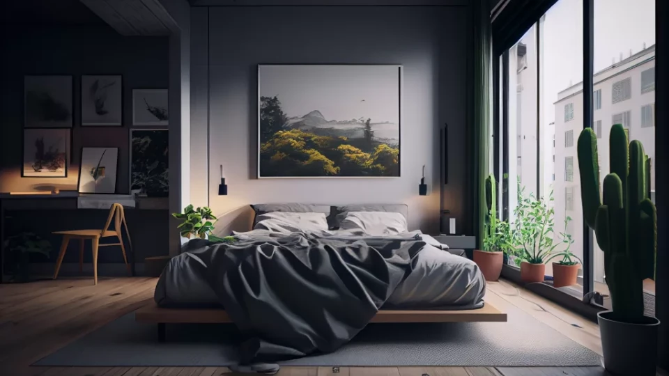 a dark and light coloured bedroom 