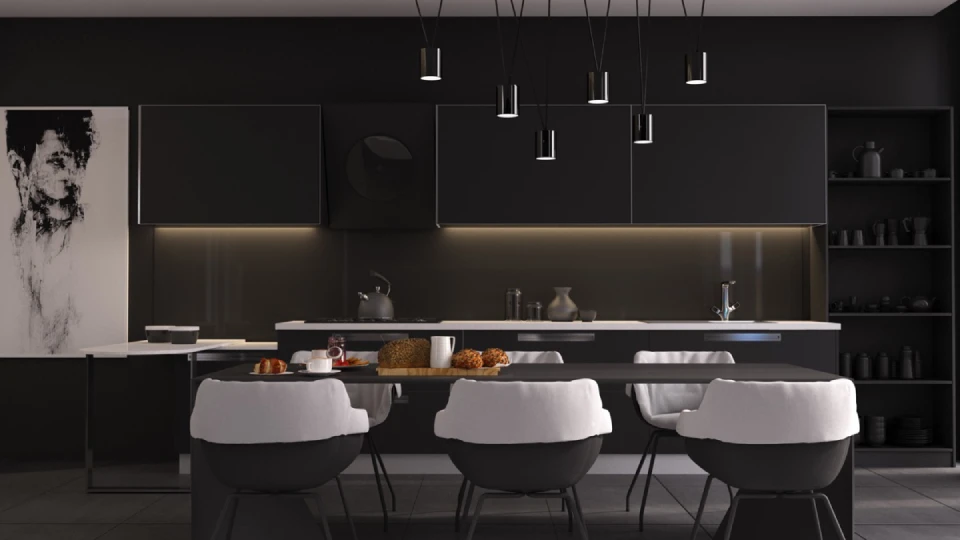 Black coloured dining area with white and black chairs. 