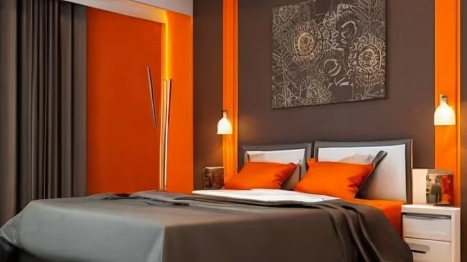 brown and orange colour combination of a bedroom