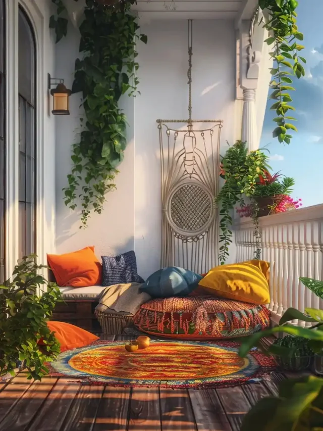 balcony, colourful cushions, rug, green hanging plants