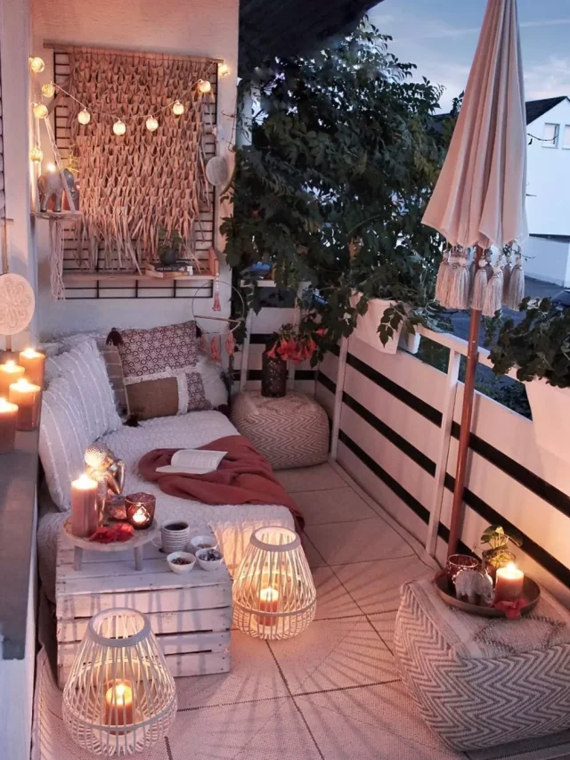 cozy and warm lighting in the balcony, candles and fairy lights