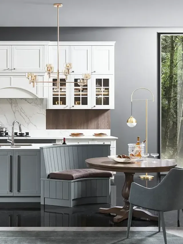 grey and white kitchen cabinet, pendant lights