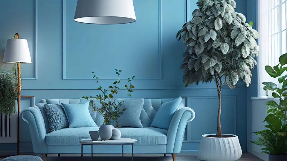 a feather light blue coloured living room with a sofa of the same colour