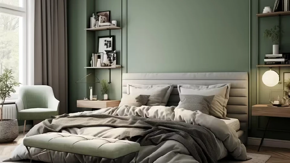 green and grey coloured bedroom 