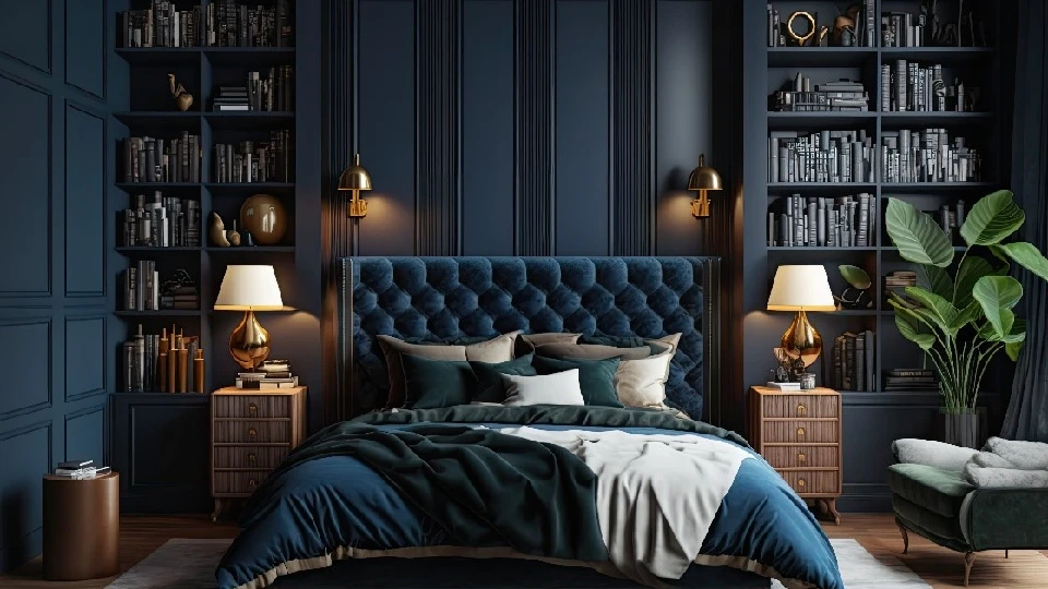 Navy blue bedroom with bookshevles and side lamps 