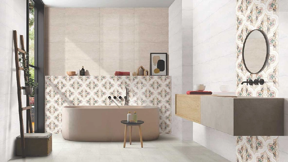 beige bath space with bathtub, washbasin, ladder and wall tiles