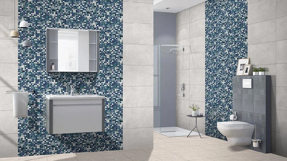 blue bathroom tiles in a bathroom