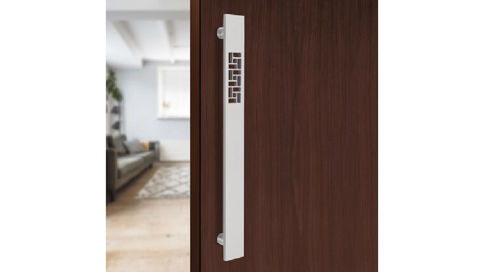 Modern silver finish stainless steel pull, bedroom cupboards, dark brown door 