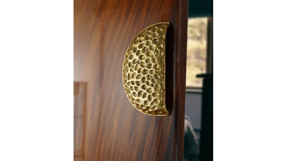 modern brass finish aluminium pull paired with a dark wooden door 