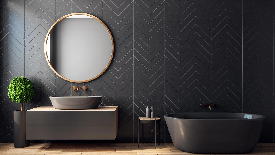 A dark themed bathroom with a vanity table and a plant