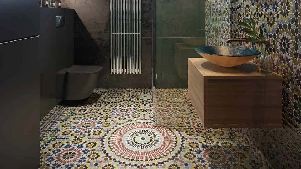 A nice bathroom design with printed tiles on wall and floor