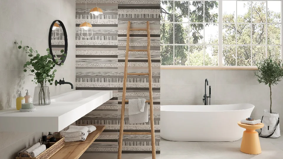 beautiful blend of patterns in a white designer bathroom flooring tiles & tiling design 