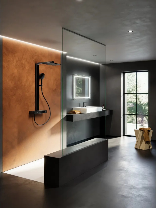 V&B infinity shower in a modular bathroom with an accented wall