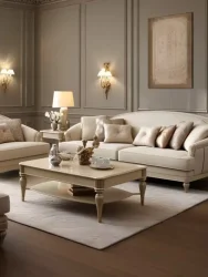 cream coloured sofa in the living room with coffee table at the centre, aesthetic lamp beside the sofa