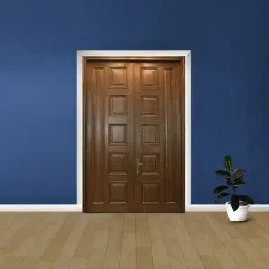 a wooden door made by canadian wood on a blue wall