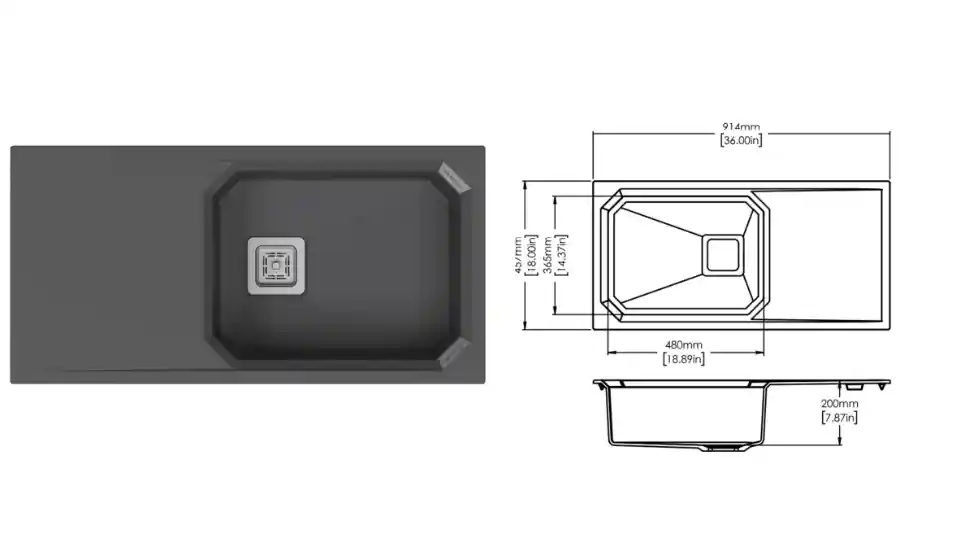 Ruhe kitchen sink with drainer and kitchen basin dimensions line diagram