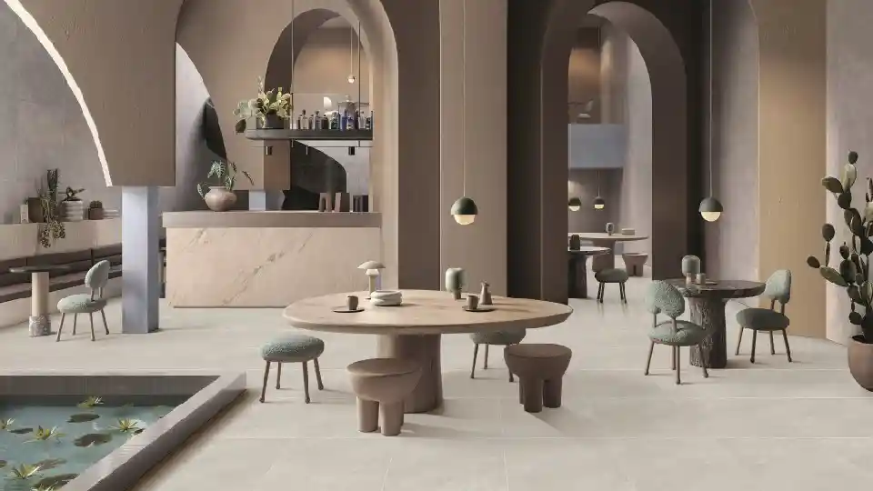 beige-brown tiles in a commercial setting, 3 round table with chairs and stools around it