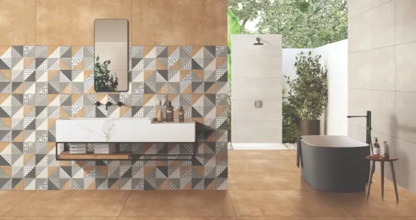 Mosaic tiles in grey, brown, cream and black colours in triangular shapes